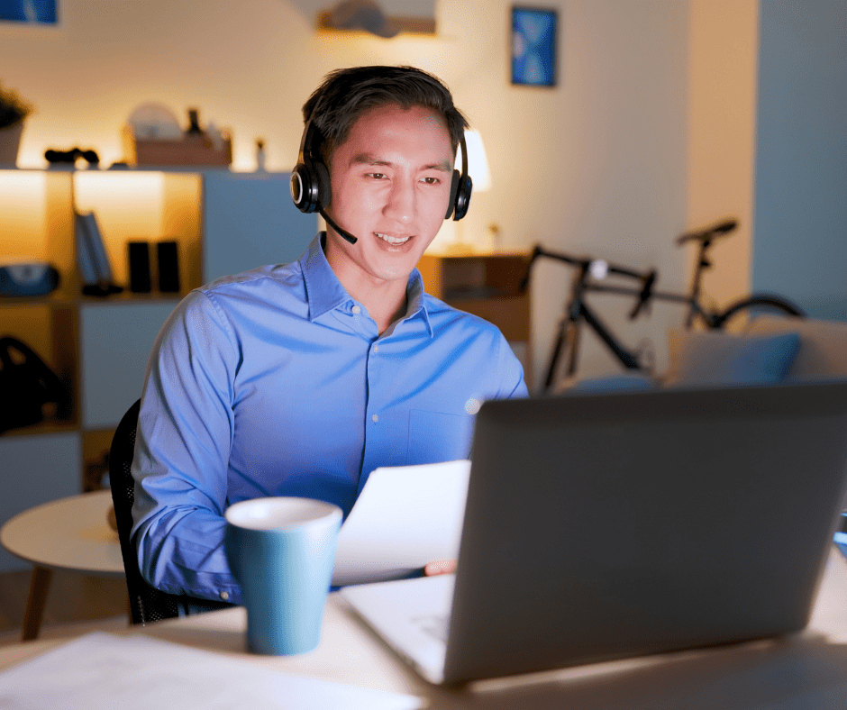 remote worker using his headset for a conference call